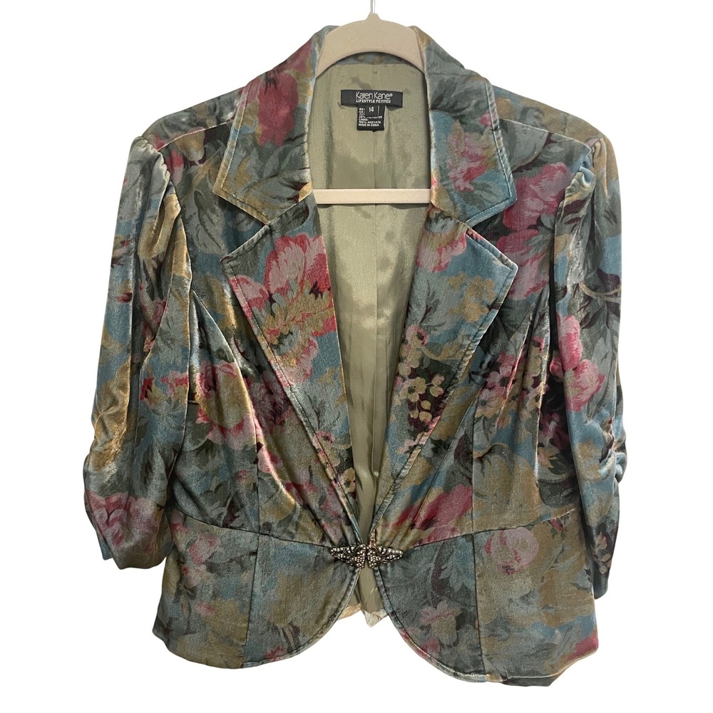 Vintage Karen Kane Jacket Velvet Floral Y2K‎ Rhinestone Clasp Petite 14